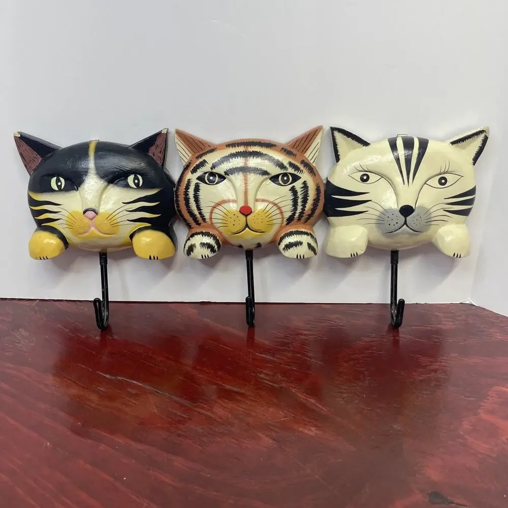 Vintage Wood, Three Cat Coat Hanger Wall Hanger Painted